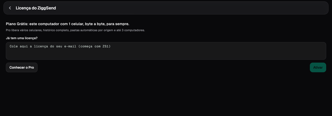 A tela da licença