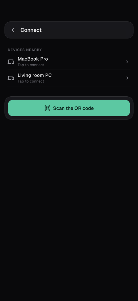 Phone screen: “Devices nearby” list with the “Scan the QR code” button
