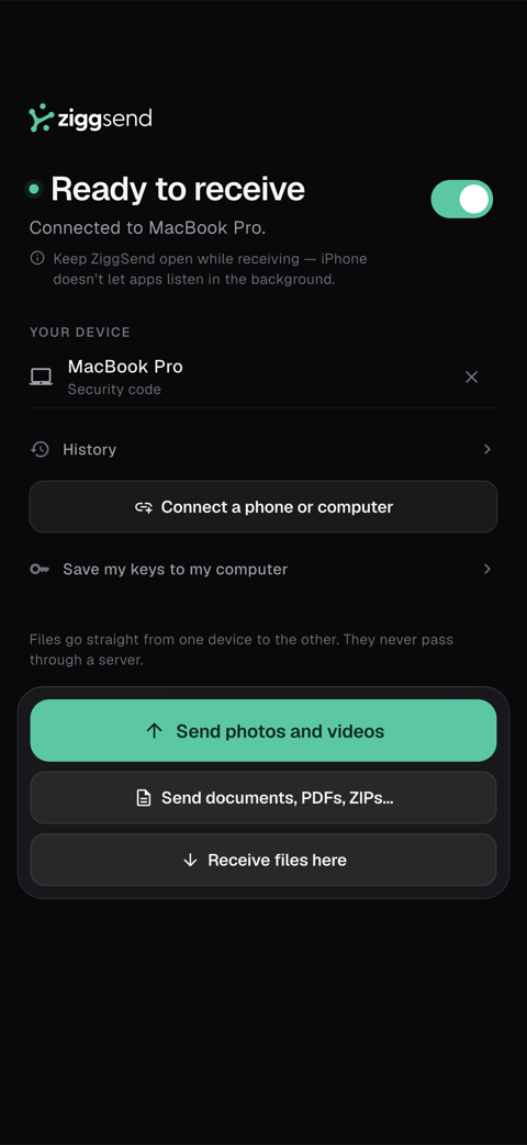 Phone screen: “Ready to receive” with the “Send photos and videos” button