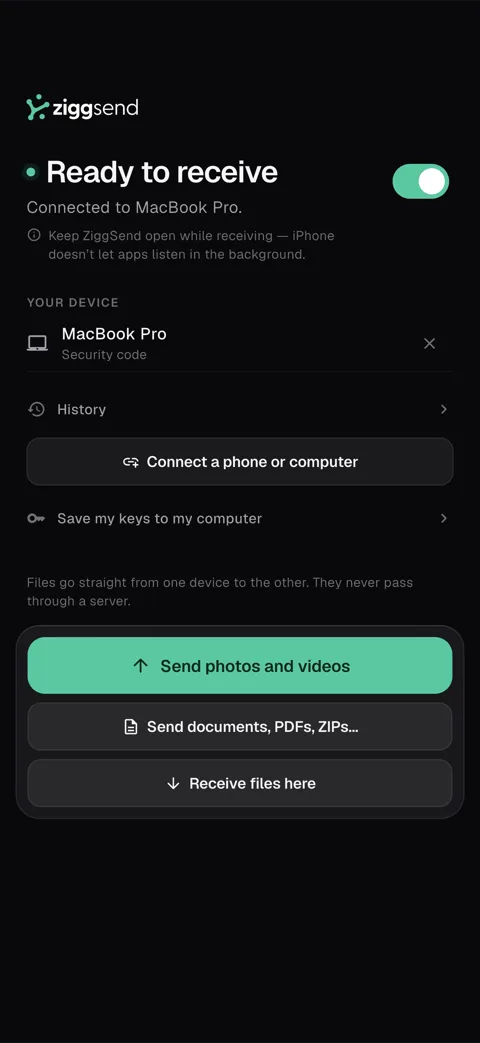 ZiggSend app on the iPhone, connected to a MacBook Pro, with the Send photos and videos button