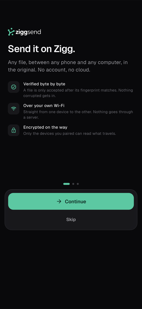 Phone screen: onboarding “Send it on Zigg.”