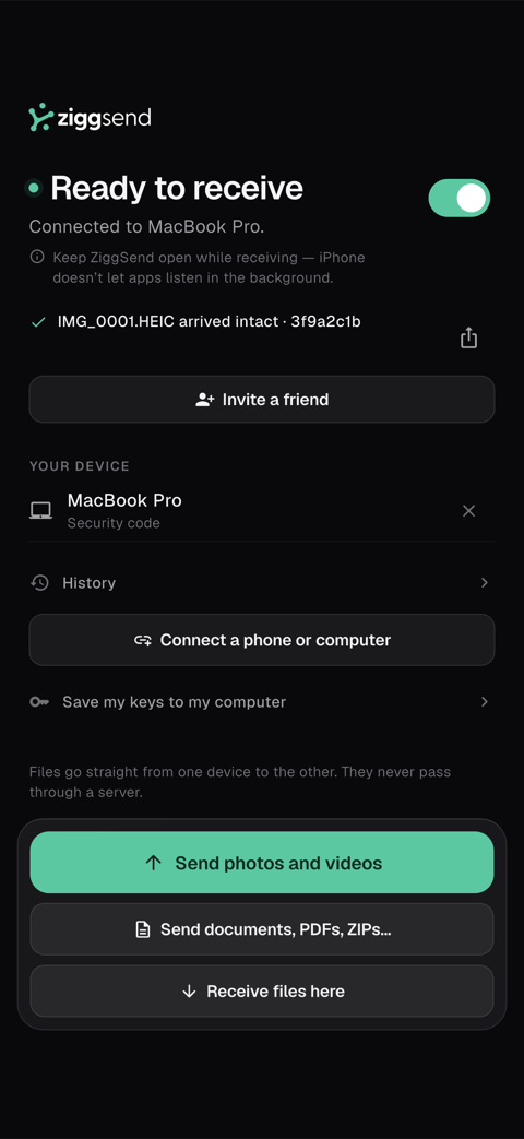 Phone screen: receipt “IMG_0001.HEIC arrived intact” with the fingerprint and the “Invite a friend” button