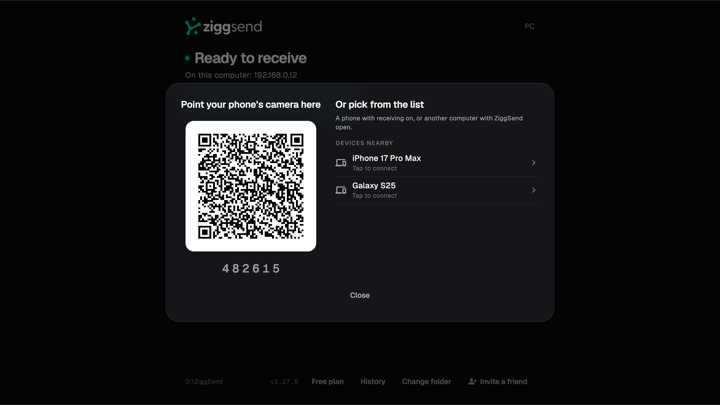 Windows screen: “Connect a phone or computer” with the QR code on the left and the “Devices nearby” list on the right