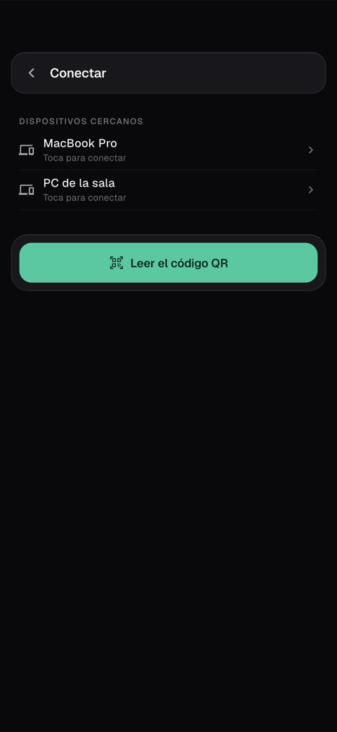 Pantalla del celular: lista “Dispositivos cercanos” con el botón “Leer el código QR”