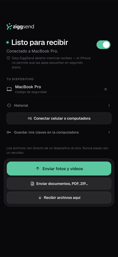 Pantalla del celular: “Listo para recibir” con el botón “Enviar fotos y videos”