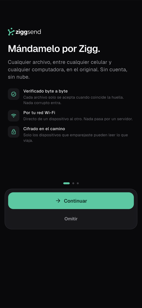 Pantalla del celular: onboarding “Mándamelo por Zigg.”