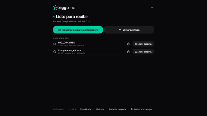 Pantalla de Windows: inicio con “Conectar celular o computadora” y “Enviar archivos”