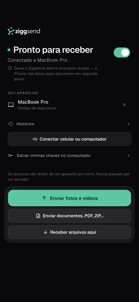 Tela do celular: “Pronto para receber” com o botão “Enviar fotos e vídeos”
