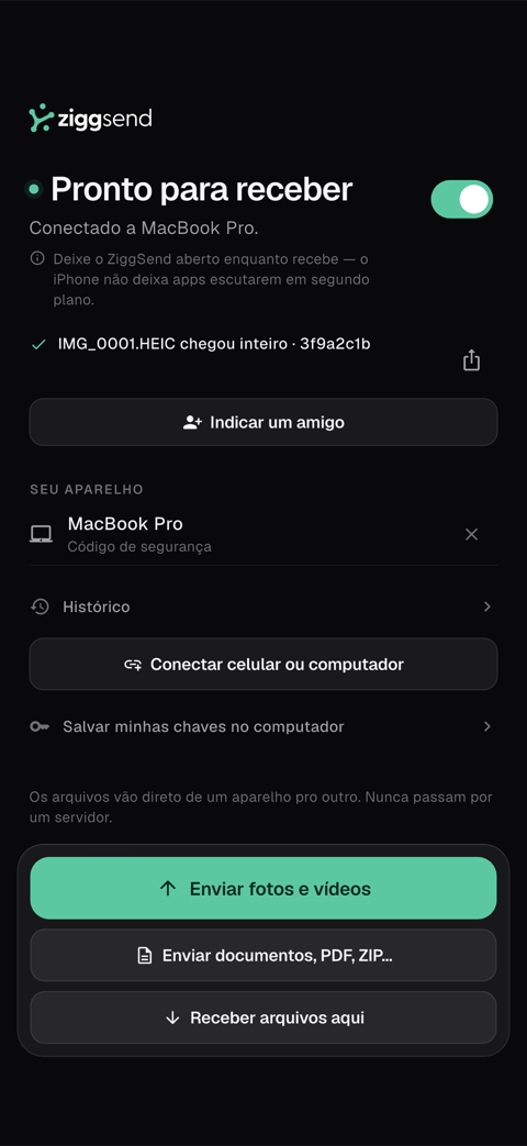 Tela do celular: recibo “IMG_0001.HEIC chegou inteiro” com a impressão digital e o botão “Indicar um amigo”