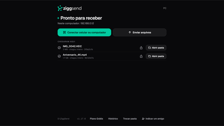 Tela do Windows: início com “Conectar celular ou computador” e “Enviar arquivos”