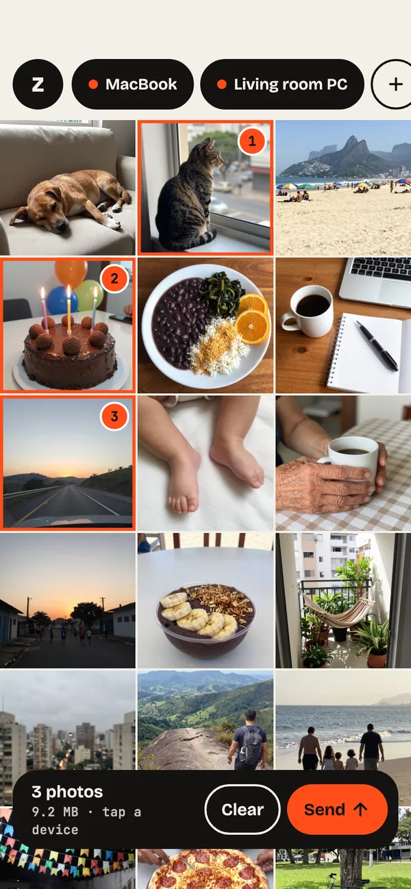 Step 5: Select and send. Tap photos to select them, then tap the computer’s door.