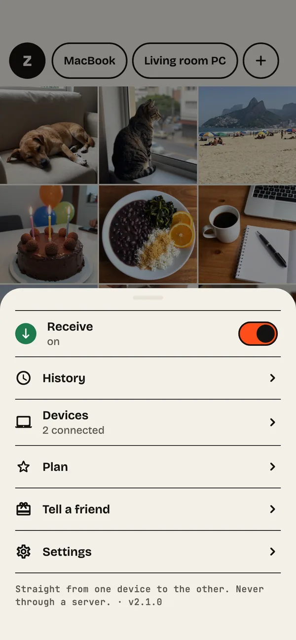 Step 15: The Z panel. Tap Z for Receive, History, Devices, Plan and Settings.
