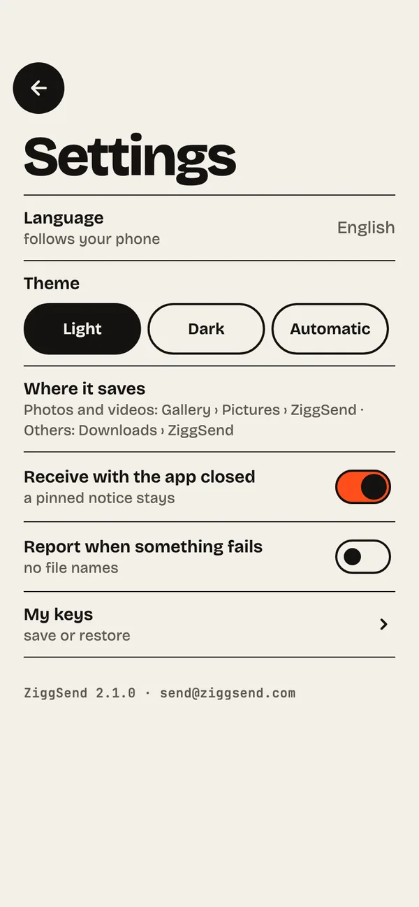 Step 16: Where things go. Photos and videos go to the gallery; other files to Downloads › ZiggSend.