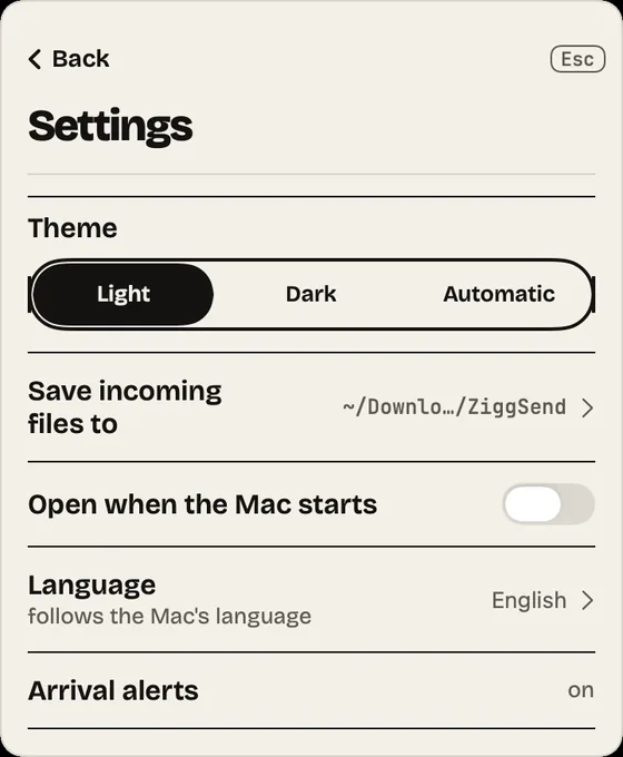 Step 14: Settings. Pick the theme, the folder where files land and whether it opens at startup.