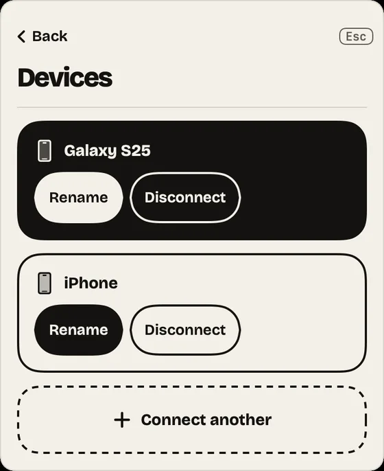 Step 13: Devices. Rename, disconnect or connect another phone. No limit on devices.