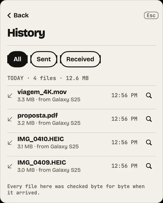Step 12: History. Everything in and out, checked byte for byte. Filter by Sent or Received.