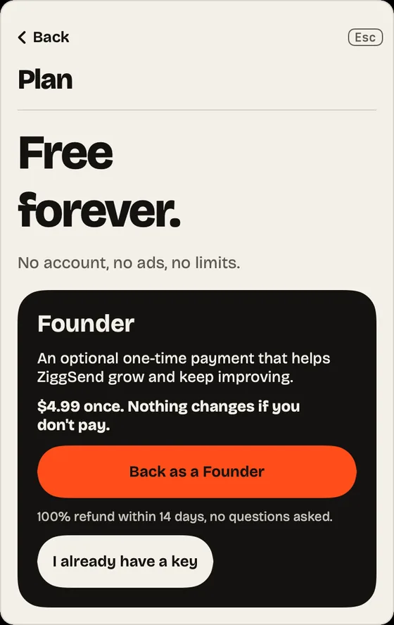 Step 15: Free forever. Everything included, no time limit. Founder is optional, just to back us.