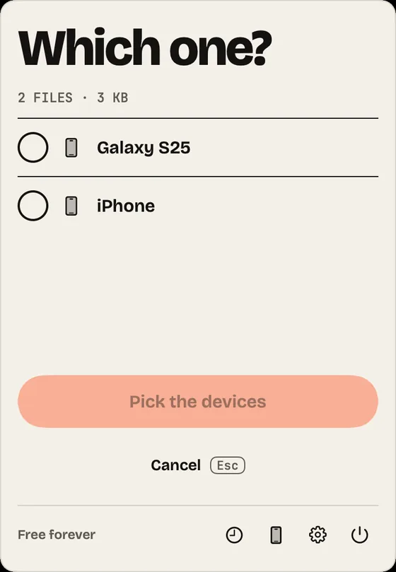 Step 5: Several phones. With two or more phones, the panel asks “Which one?”. Pick and send.