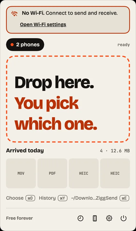 Step 10: Wi-Fi notice. With no Wi-Fi, the panel says so at the top and opens Wi-Fi settings.