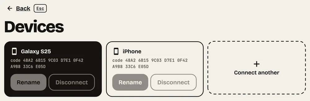 Step 9: Devices. Rename, disconnect or connect another phone, with each one’s code.