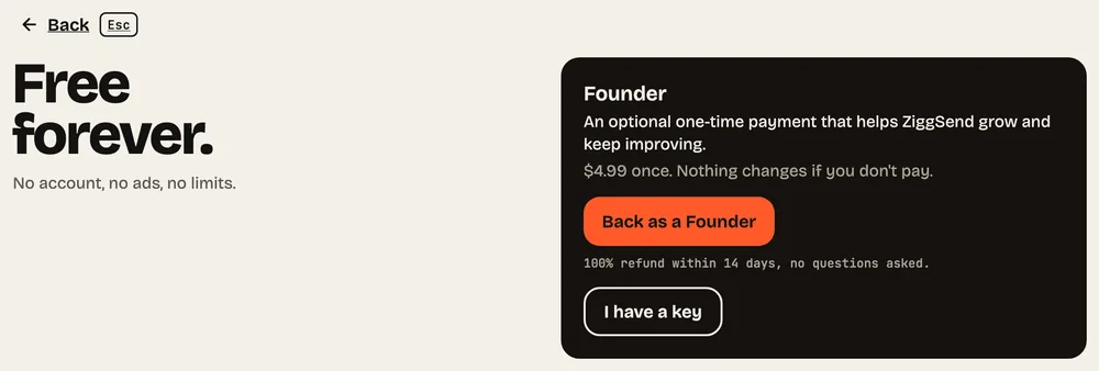 Step 11: Free forever. Everything included, no time limit. Founder is optional, just to back us.