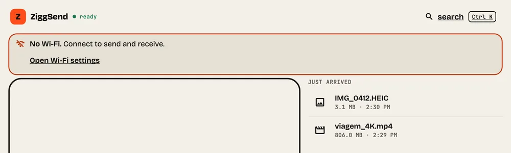 Step 6: Wi-Fi notice. With no Wi-Fi, the window says so at the top and opens Wi-Fi settings.
