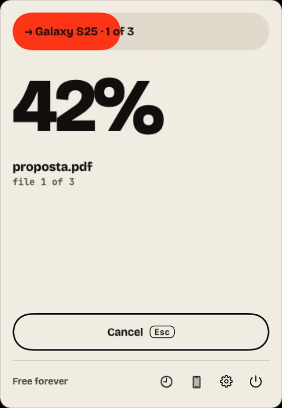 Step 4: Watch it go. The panel shows the file and how much is left. “Cancel” stops it.