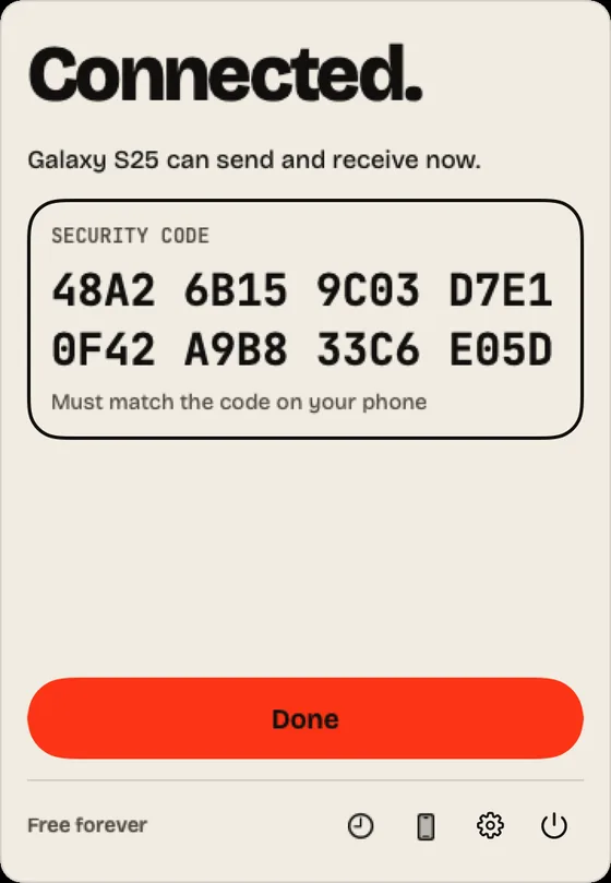 Step 2: Connected. Check that the code matches the phone and click “Done”.