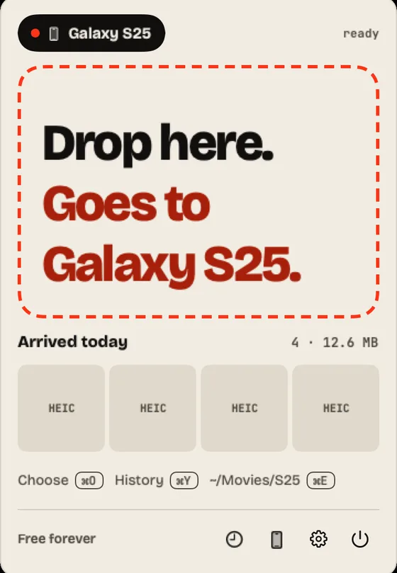 Step 3: Drop to send. Drag files onto “Drop here.” or click “Choose”.