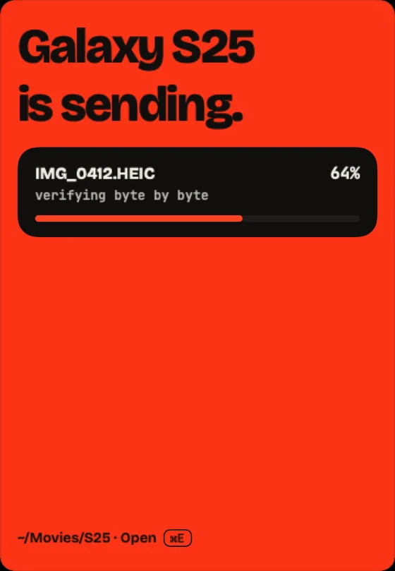 Step 6: Receive from the phone. When the phone sends, the panel opens on its own and shows progress.
