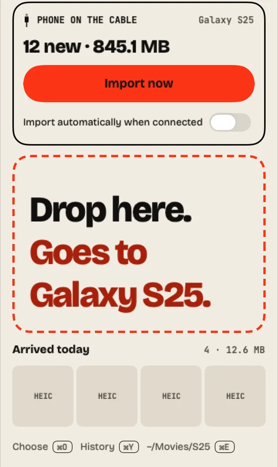 Step 9: By cable (Android). With the Android on the cable, click “Import now” to bring new files.