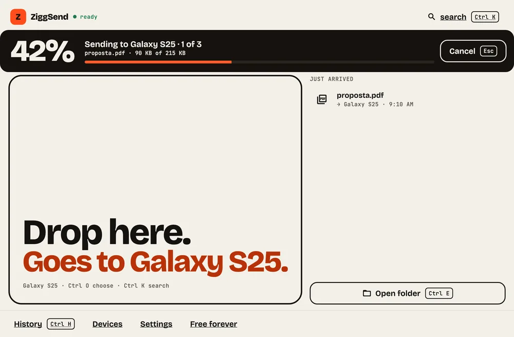 Step 3: Watch it go. The top bar shows the file and the progress. You can cancel.