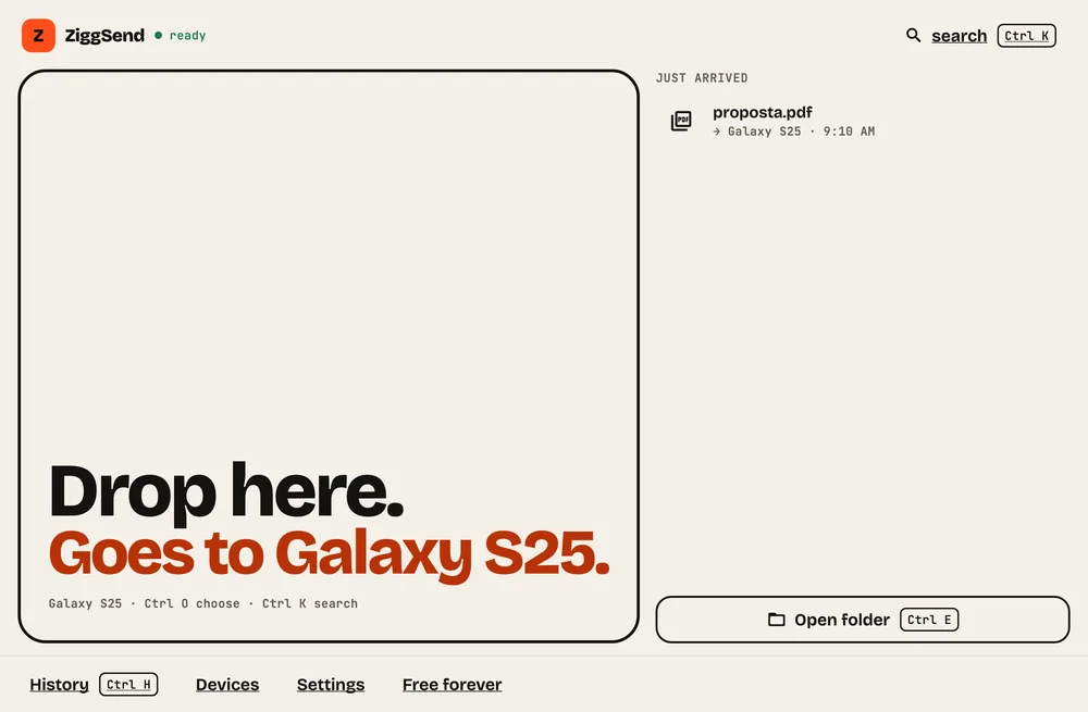 Step 2: Drop to send. Drag files onto “Drop here.” or press Ctrl O to choose.