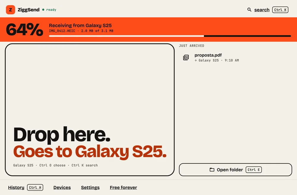 Step 4: Receive from the phone. When the phone sends, the orange bar shows what is arriving.