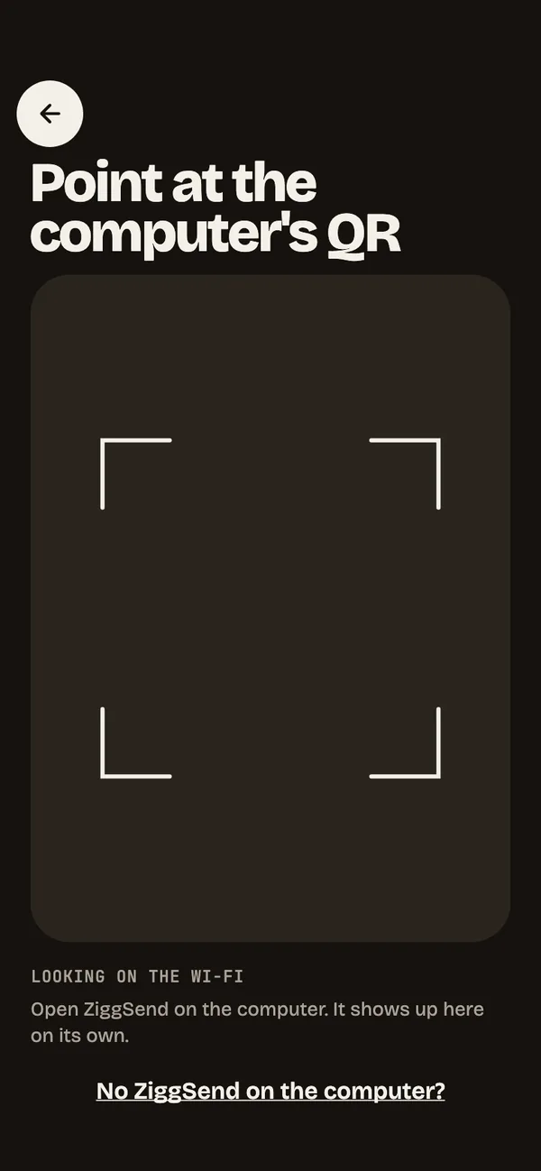 Step 2: Point at the QR. Open ZiggSend on the computer and point the camera at its QR code.