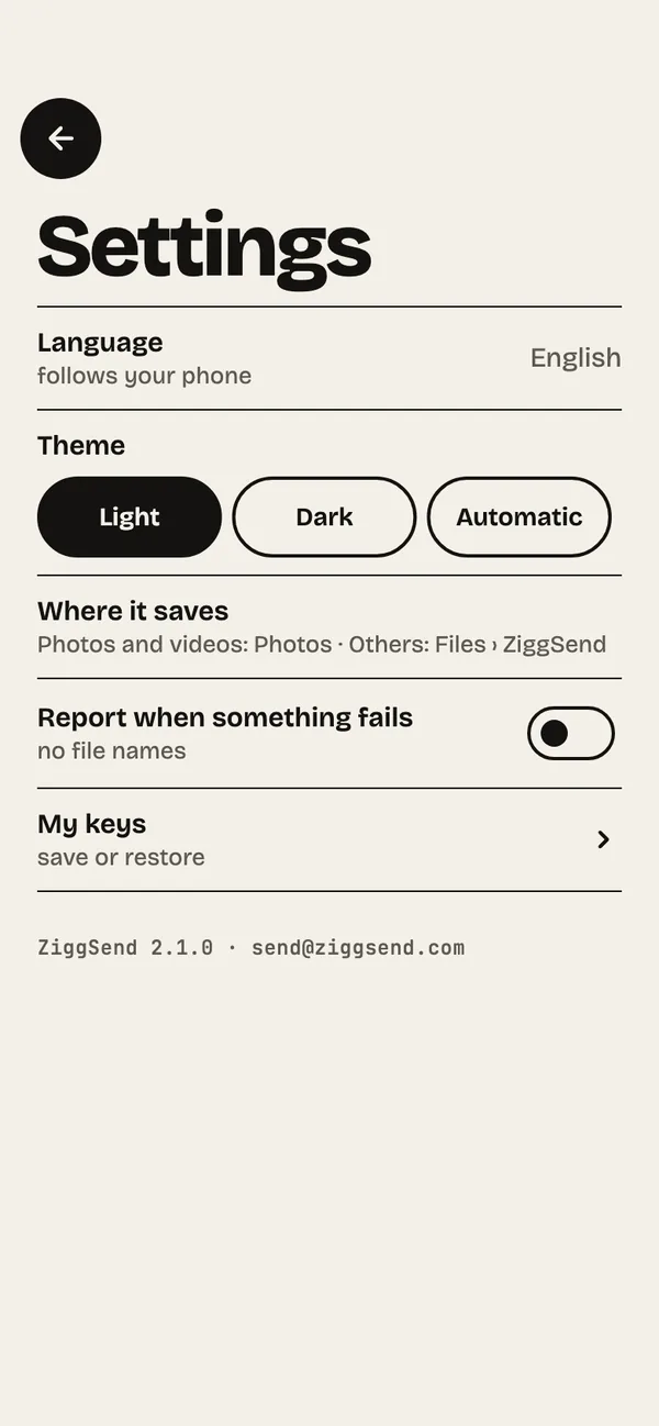 Step 16: Where things go. In Settings: theme, language and where photos, videos and other files are saved.