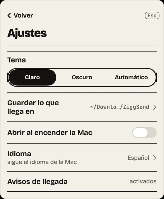 Paso 14: Ajustes. Elige el tema, la carpeta donde llega todo y si abre al encender la Mac.