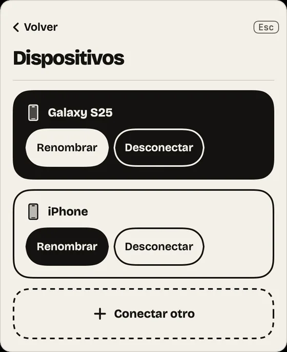 Paso 13: Dispositivos. Renombra, desconecta o conecta otro celular. Sin límite de dispositivos.