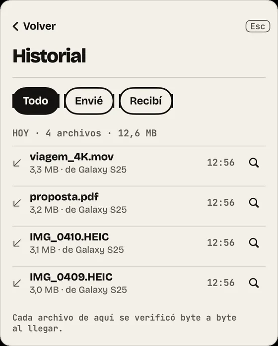Paso 12: Historial. Todo lo que entró y salió, verificado byte a byte. Filtra por Envié o Recibí.
