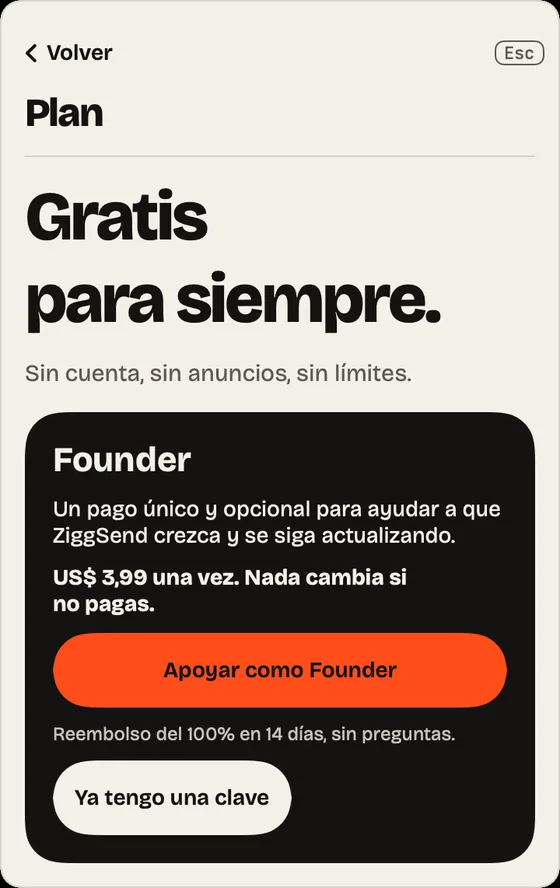 Paso 15: Gratis para siempre. Todo incluido, sin plazo. Founder es opcional, solo para apoyar.