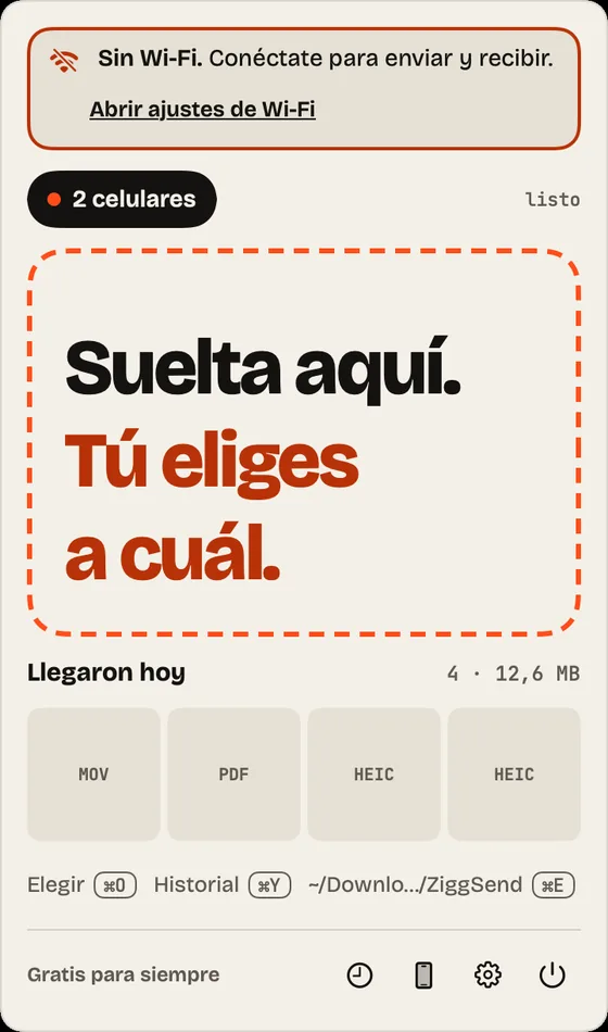Paso 10: Aviso de Wi-Fi. Sin Wi-Fi, el panel avisa arriba y te lleva a los ajustes de Wi-Fi.