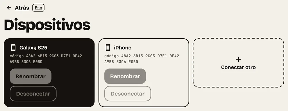 Paso 9: Dispositivos. Renombra, desconecta o conecta otro celular, con el código de cada uno.