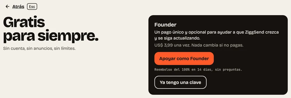 Paso 11: Gratis para siempre. Todo incluido, sin plazo. Founder es opcional, solo para apoyar.