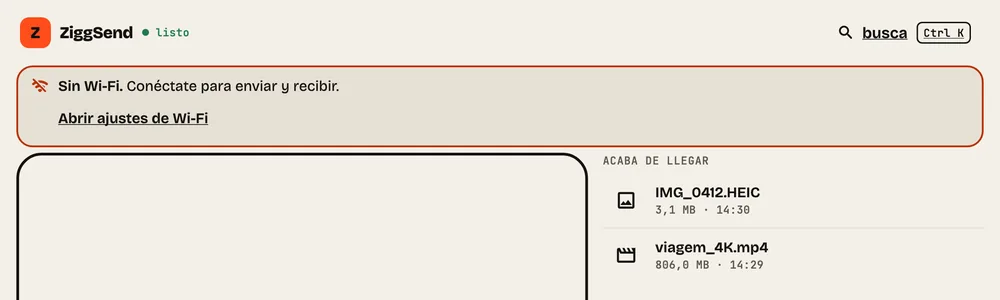 Paso 6: Aviso de Wi-Fi. Sin Wi-Fi, la ventana avisa arriba y te lleva a los ajustes de Wi-Fi.