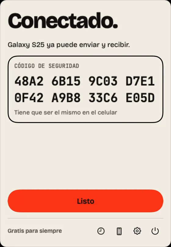 Paso 2: Conectado. Revisa que el código sea el mismo en el celular y haz clic en “Listo”.