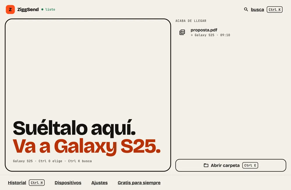 Paso 2: Suelta para enviar. Arrastra archivos a “Suéltalo aquí.” o pulsa Ctrl O para elegir.