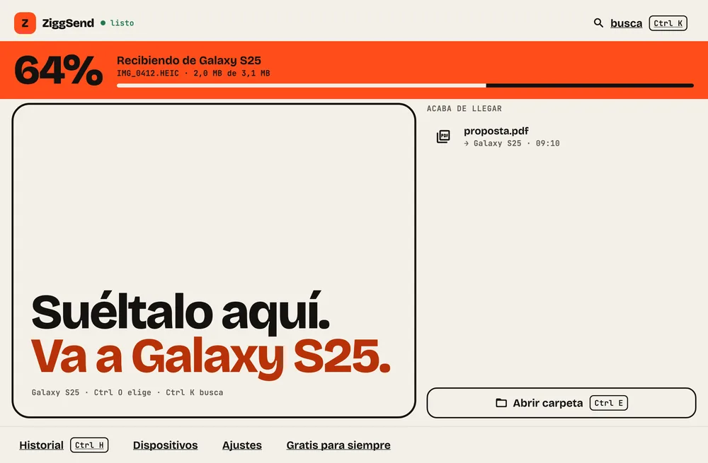 Paso 4: Recibir del celular. Cuando el celular envía, la franja naranja muestra lo que está llegando.