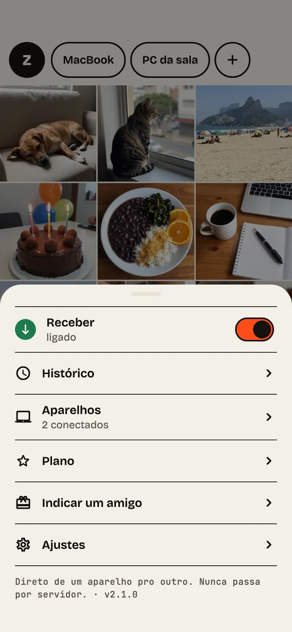Passo 15: O painel Z. Toque no Z para ver Receber, Histórico, Aparelhos, Plano e Ajustes.