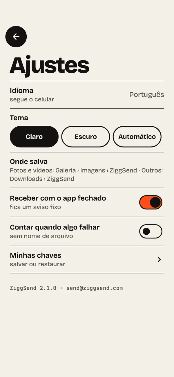 Passo 16: Onde fica cada coisa. Fotos e vídeos vão para a galeria; os outros, para Downloads › ZiggSend.