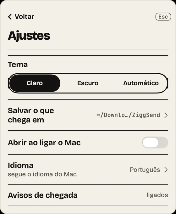 Passo 14: Ajustes. Escolha o tema, a pasta onde tudo chega e se abre ao ligar o Mac.
